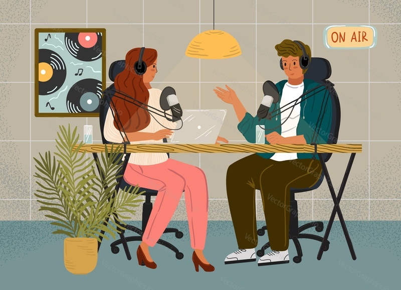 Two radio hosts in headphones talking and recording podcast in studio. Podcast and radio interview concept vector illustration. Live streaming, audio broadcast, mic.