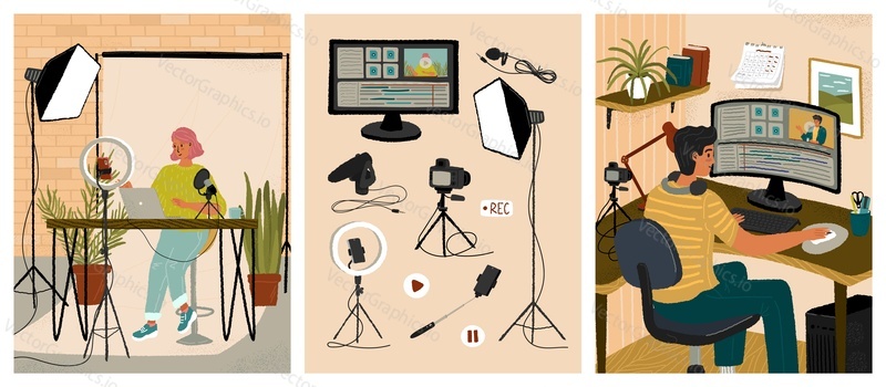 Video editing and live streaming concept vector posters set. Girl is recording video for her blog in home studio. Man working in video editor. Vlog production equipment, live online broadcast.