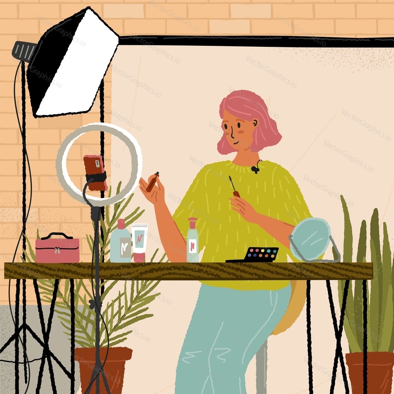 Beauty video blogger recording makeup vlog in her home studio. Female influencer showing cosmetics products in online live stream. Vector illustration with cartoon character. Fashion tutorial,