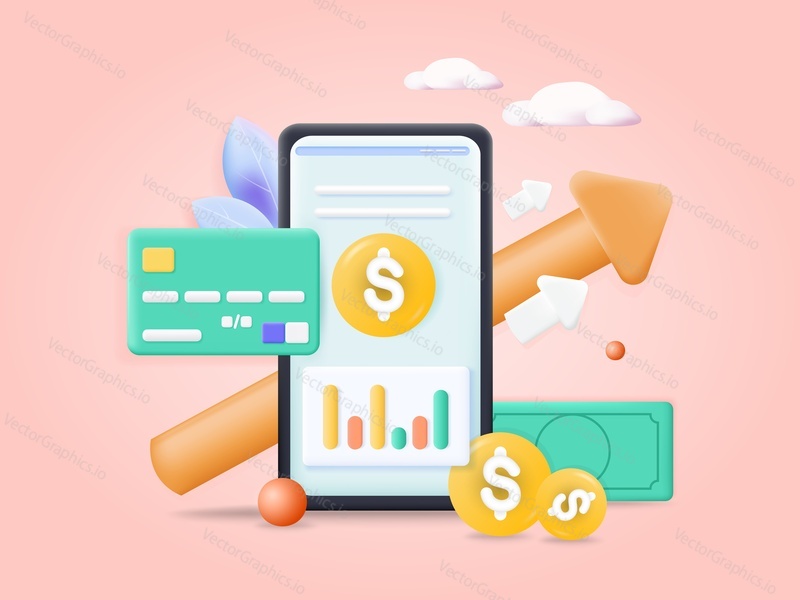 Smartphone with chart, dollar sign on screen, bank card, increasing arrow, money, 3d vector illustration. Financial growth, finance income, savings money, investments.