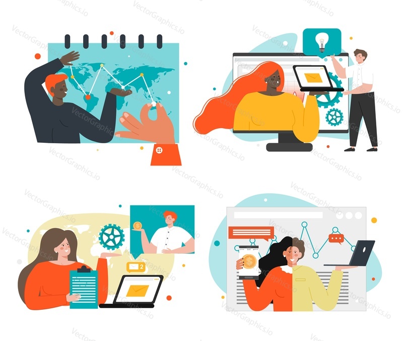 Business team collaboration and communication scene set, flat vector isolated illustration. Team video call chat, remote teamwork, partnership.