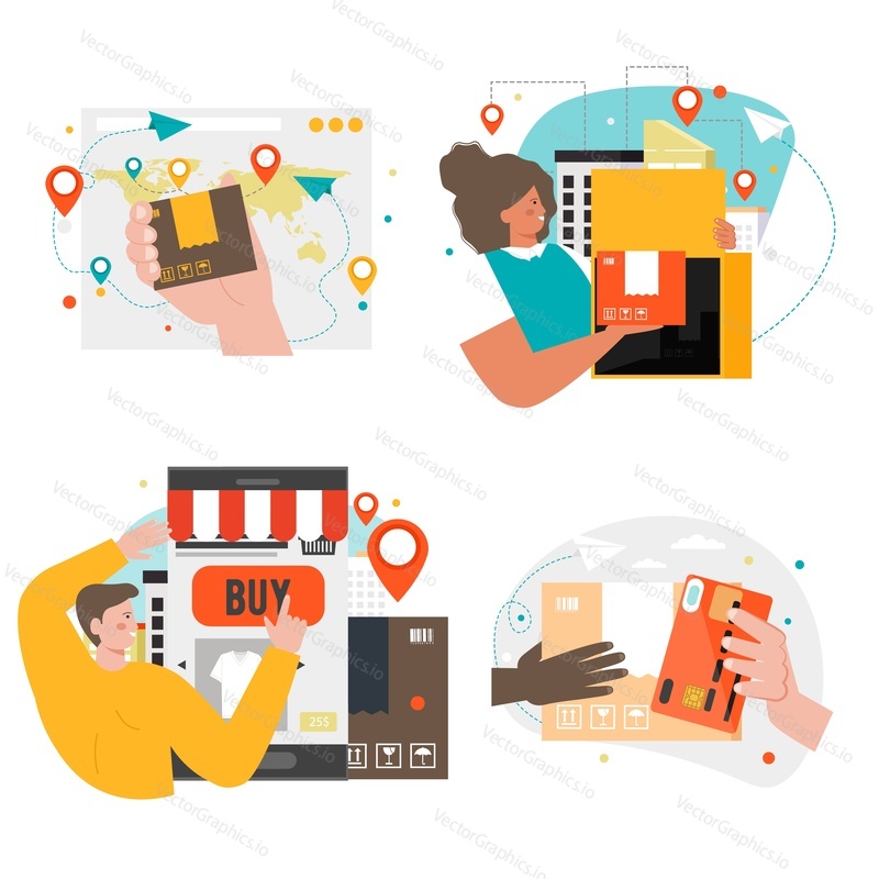 Online shopping and delivery scene set, flat vector isolated illustration. Global logistics, international shipment, internet store, worldwide shipping, electronic payments.