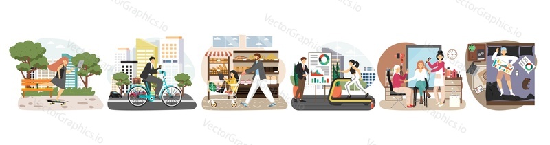 Busy people lifestyle scene set, flat vector isolated illustration. People working while taking rest in park, at home, training at gym, shopping, visiting hair and beauty salon.