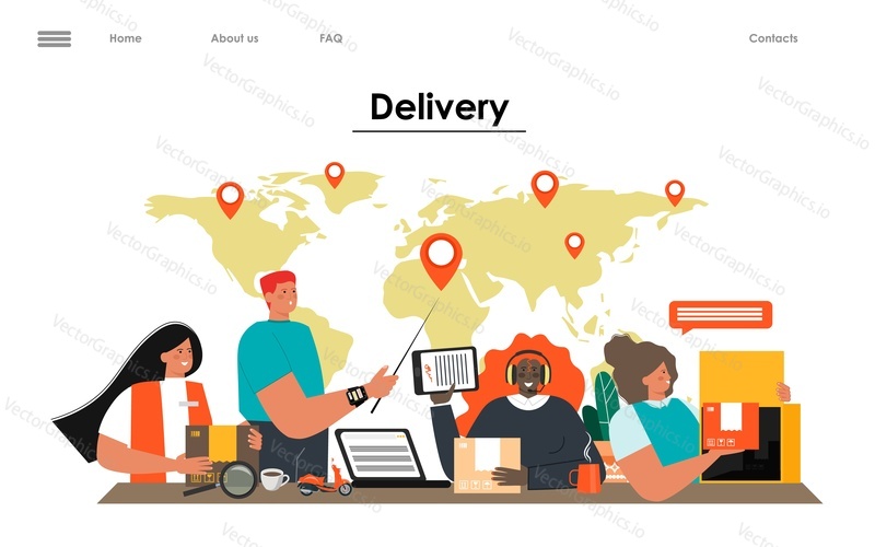 Delivery and global logistic service landing page. Work team processing orders sitting over world map with destination pin illustration. Business and ecommerce. Cargo export and import