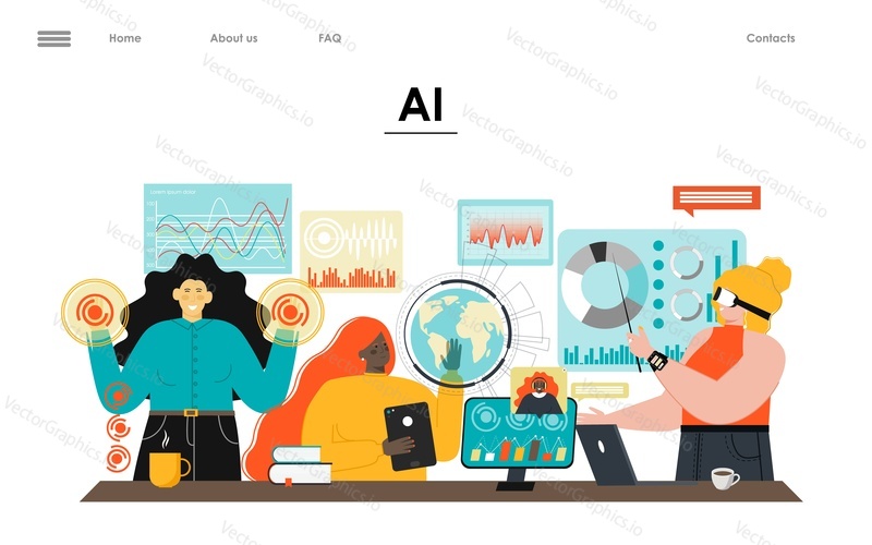 Artificial intelligence vector landing page. Teamwork on futuristic laboratory with high technology illustration. Virtual reality for deep learning and successful business financial strategy concept