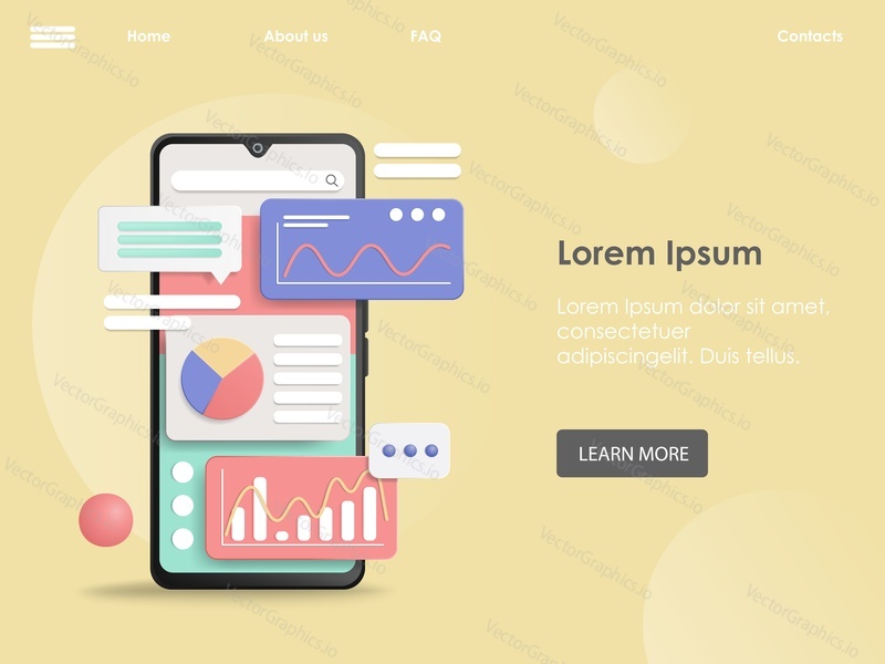 Analytics mobile app vector landing page. Market trend analysis on smartphone in chart and graph. Design infographic, statistics on phone screen illustration