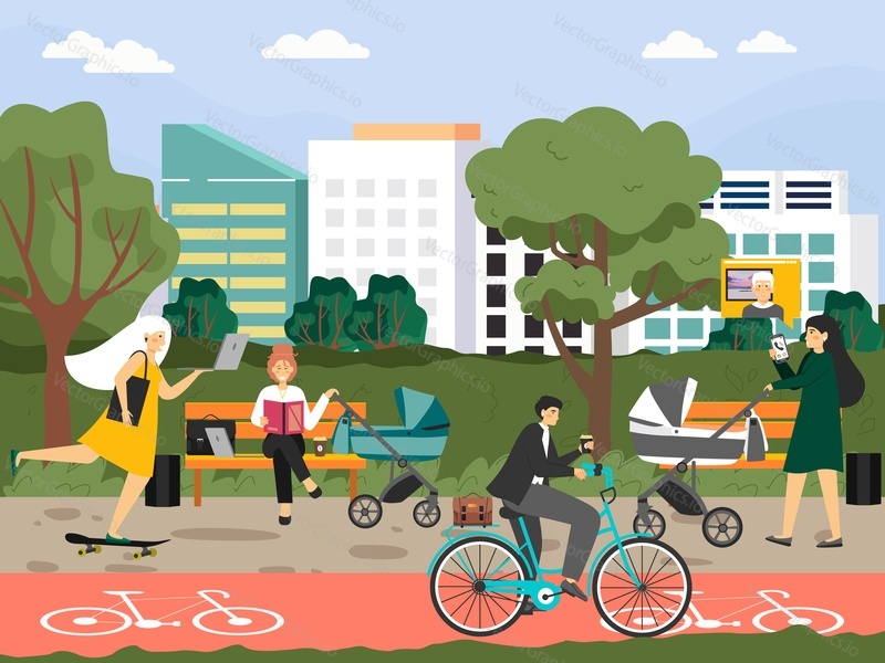 Busy people taking rest and working in the park, flat vector illustration. Young girl riding skateboard, man riding bicycle, happy mothers walking with prams and using mobile phone, laptop, earphones.