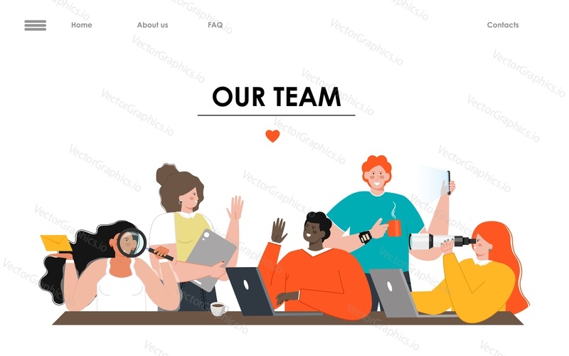 Team and coworking landing page vector template. Teamwork and brainstorming, strategic partnership crowdfunding for business success illustration. Workflow management website layout