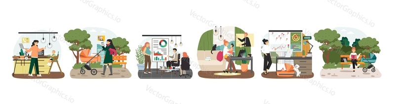 Busy mother lifestyle scene set, flat vector isolated illustration. Business woman taking care of baby and working from home.
