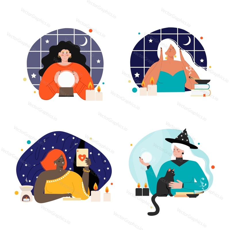 Beautiful fortune tellers and gypsy oracles vector scene set. Women with crystal ball, tarot cards for divination, future and fate prediction illustration. Soothsayer female character