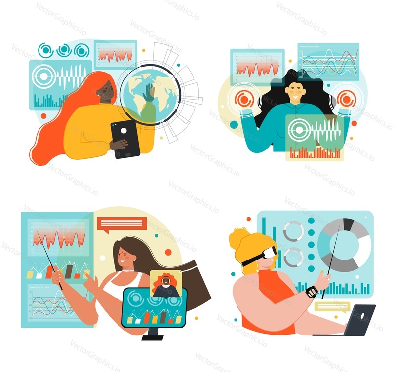 Businesswoman use AI smart analysis technology vector. Woman working with big data in graph and chart. Database analyzing, metaverse and virtual reality business workplace visualization