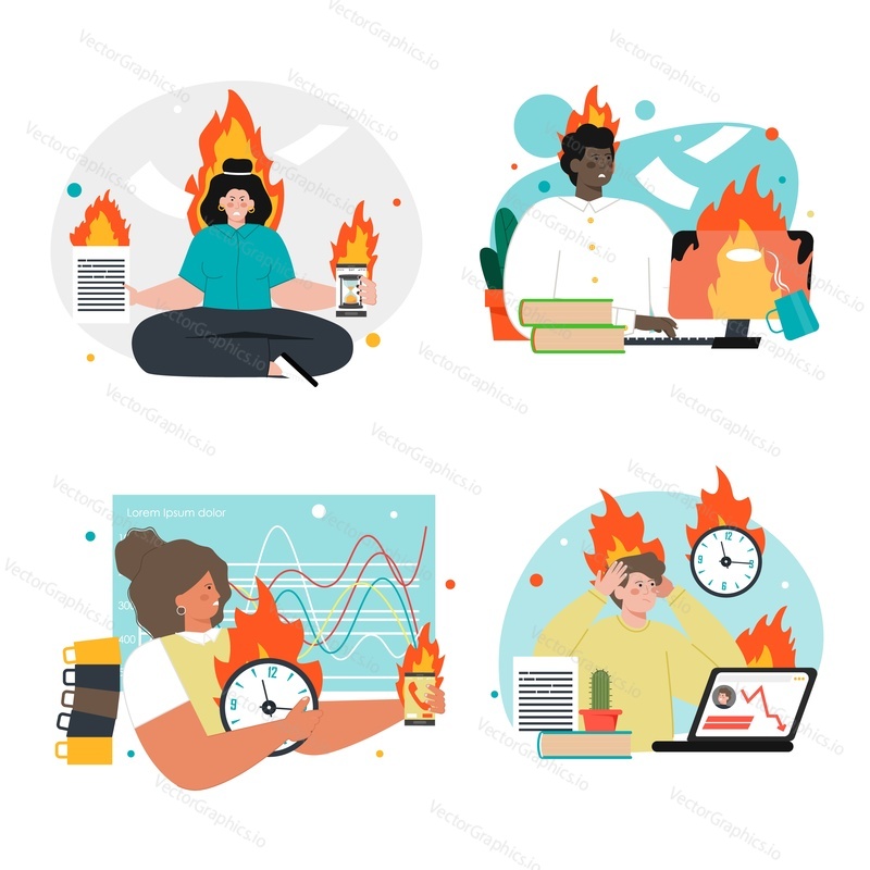 Unhappy burned out workers vector scene set. Overload and fatigue people burnout concept. Tired exhausted overworked man and woman in stress with plenty of work and personal task illustration