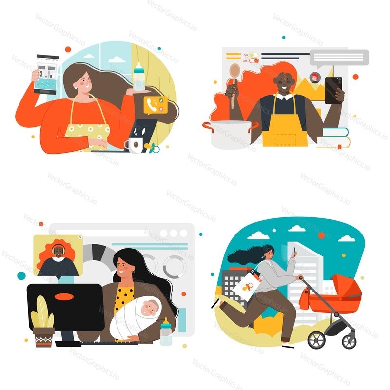 Mother boss vector set. Mom businesswoman caring child and working remotely scene. Successful entrepreneur character and housewife illustration. Maternity and career growth, business development