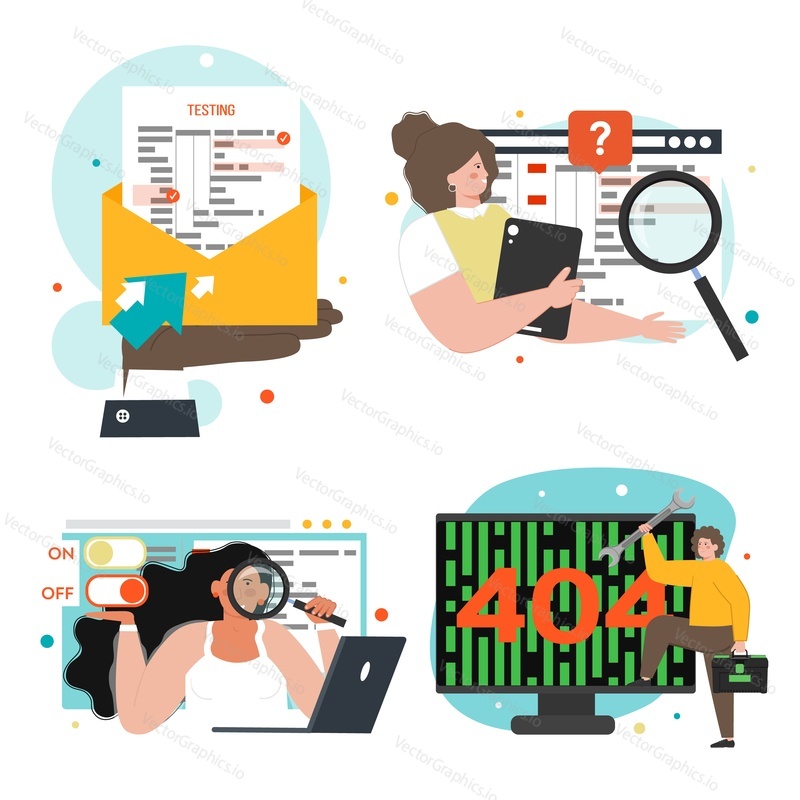 Software testing scene set, flat vector isolated illustration. People creating computer programs, searching, finding bugs and errors. Software development industry.