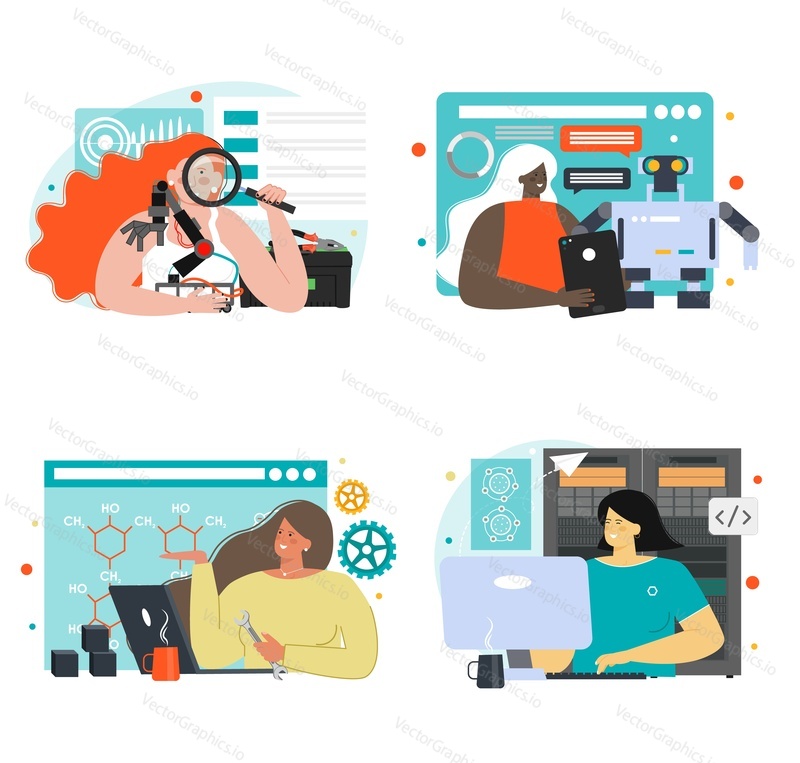 Robot engineering and programming vector scene set. Idea of artificial intelligence and futuristic technology. Woman working on robotic software development