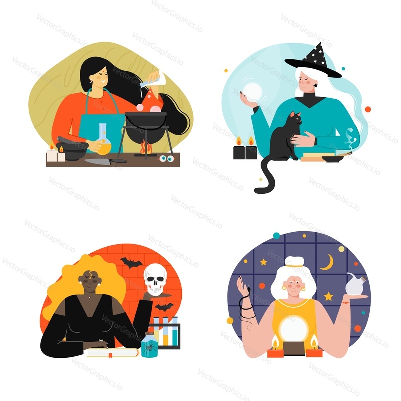 Female witch and fortune tellers vector set. Woman oracle and soothsayer predicting future and destiny scene. Mystic medium girls cooking potion illustration. Supernatural paranormal sorcerer