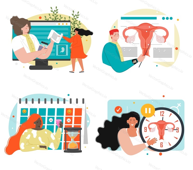Doctor gynecologist appointment, reproductologist consultation vector scene set. Women health concept. Human anatomy, ovary and womb. Female education and online examination
