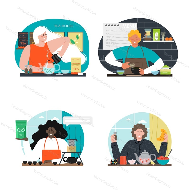 Tea ceremony event vector scene set. Man and woman seller or bartender preparing hot aromatic drink isolated illustration. Tradition beverage preparation for breakfast or lunch. Teahouse concept