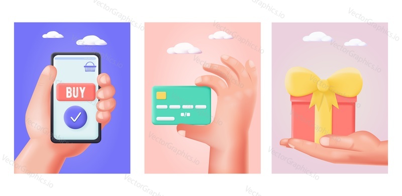 Online buy vector. Shopping in digital space scene. Virtual purchase and payment with credit or debit card. Sale discount and bonus on order illustration