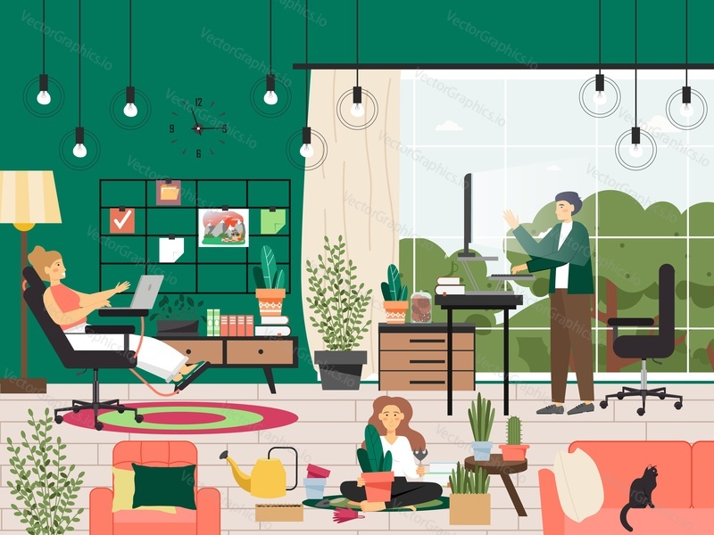 Family couple working at home office vector illustration. Freelance self employed mother and father use computer or laptop, virualt reality technology at comfortable domestic workplace