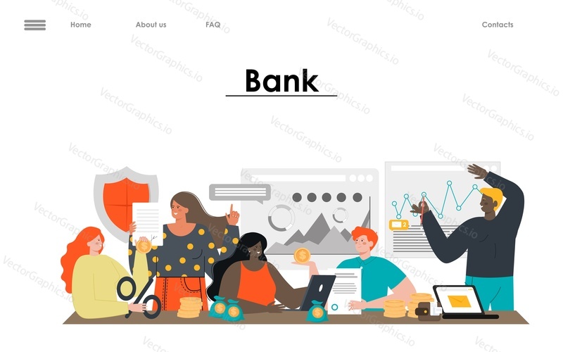 Bank service vector landing page design template. Business, finance and marketing concept. Online banking website and mobile app development. Financial worker, analyst consultation