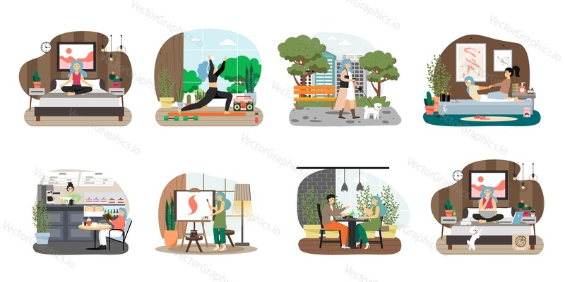 Daily life routine vector scene. Woman character day schedule isolated illustration set. Female person wake up, having breakfast, doing sport, walking dog, rest and work