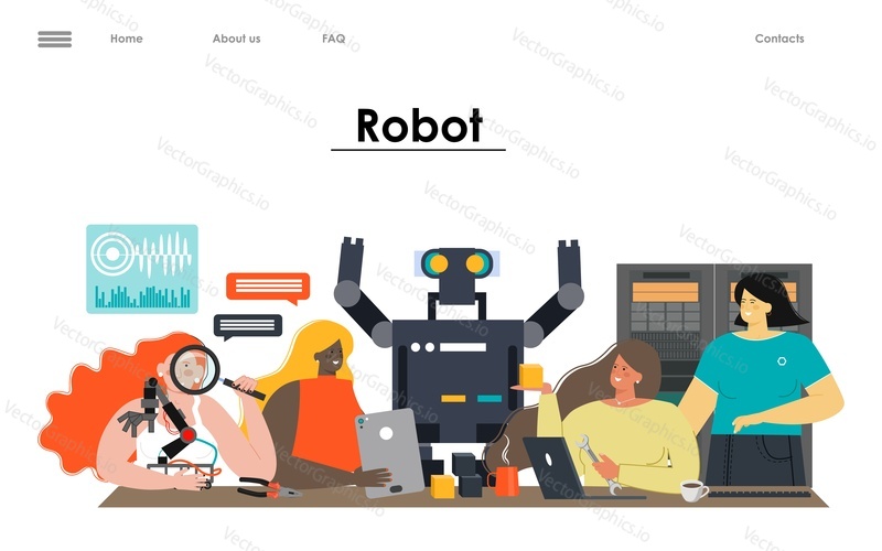 Robotics technology landing page template. Vector people building programming huge robot. Online service for AI hardware and software engineering concept