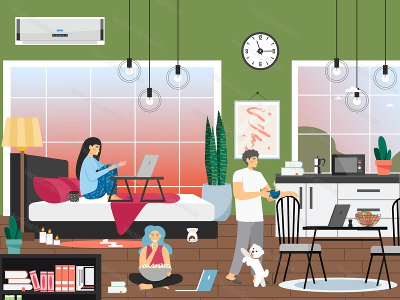 Wife and husband working at home office vector. Family in living room illustration. Mother and father freelancer having online conference, daughter watching video on laptop. Gadget addiction