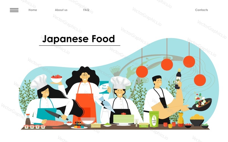 Japanese food restaurant vector landing page design template. Japan fast food cafe online service website. Asian fastfood order, purchase and delivery concept