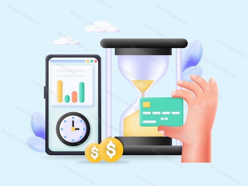 Time is money concept. Smartphone with statistics chart graph, sand clock, human hand holding bank credit card 3d vector illustration. Business and marketing. Work productivity