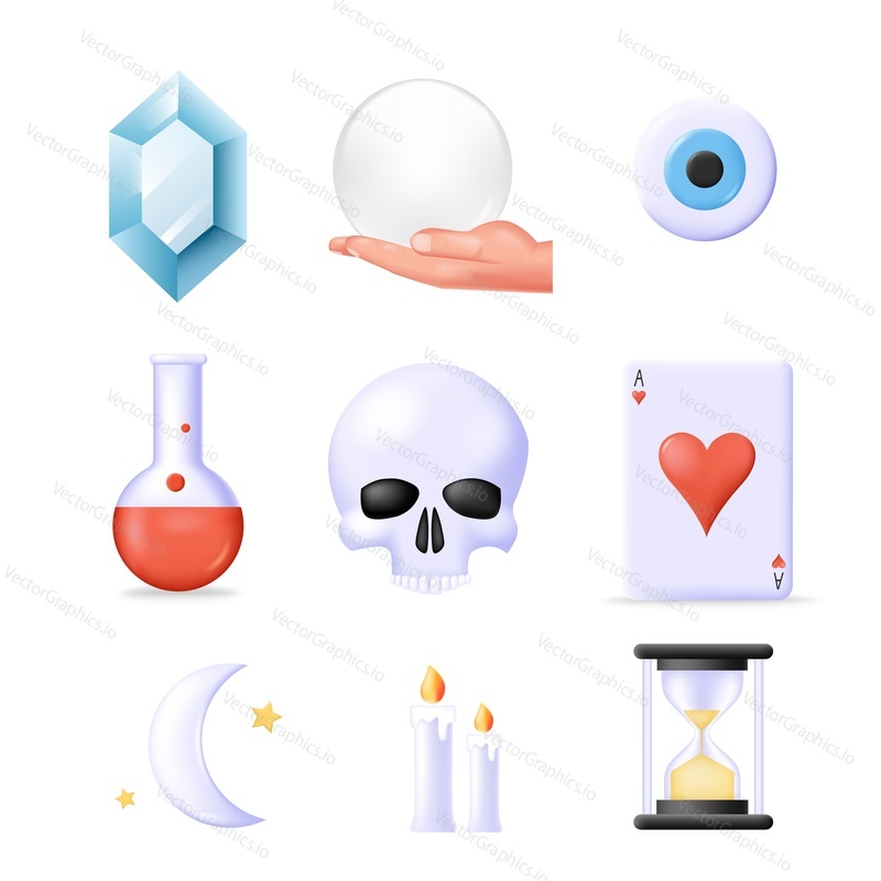 Witch and fortune tellers isolated vector icon. Chrystal, fortuneteller ball, potion, ace of hearts card, sand clock, candle, moon and star, human skull, eyeball illustration