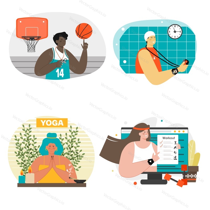 Sport fitness coach vector scene. Professional sportsman, yoga workout instructor, basketball and swimming trainer isolated illustration set. Healthy lifestyle promotion