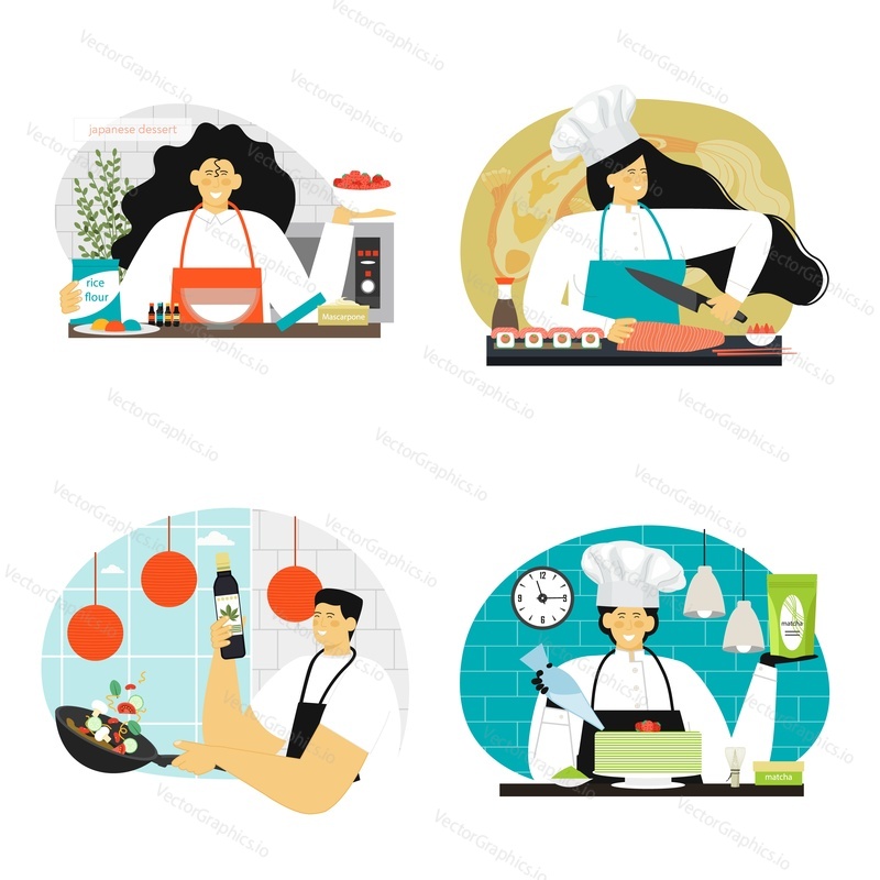 Chef cooking Japanese food vector scene. Japan fast food preparation isolated illustration set. Cook standing at counter preparing noodles and sushi, serving dish