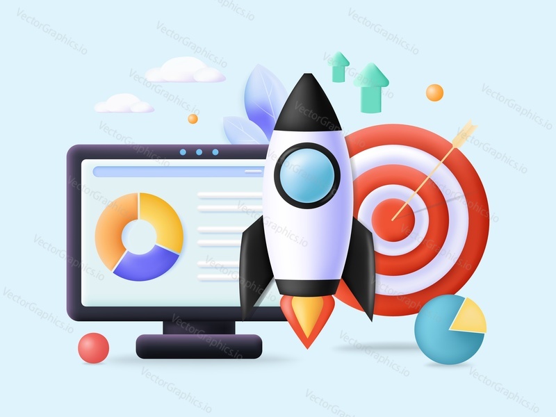 Business startup 3d vector. Online project start and development process. Product innovation, creative idea launch. Rocket ship, target dashboard and computer design illustration