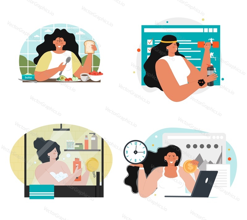 Woman daily routine vector scene. Female character health habits combination, earning money process and hygiene procedure for wellness isolated illustration set
