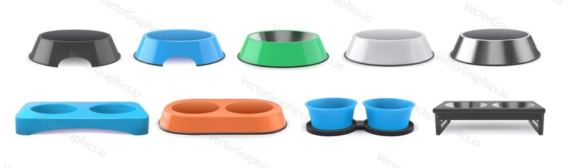Realistic 3d pet bowls set on isolated background vector illustration. Cat and dog bowls mockup with different colors.