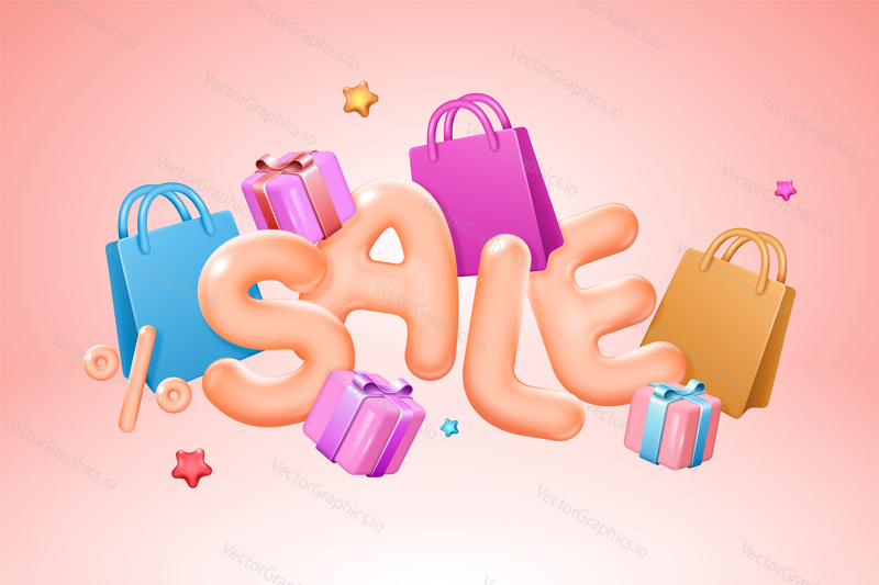 3d render of sale banner on pink background concept vector illustration. Sale word flying  with shopping bags and gift box around. Online shop promotion 3d template.
