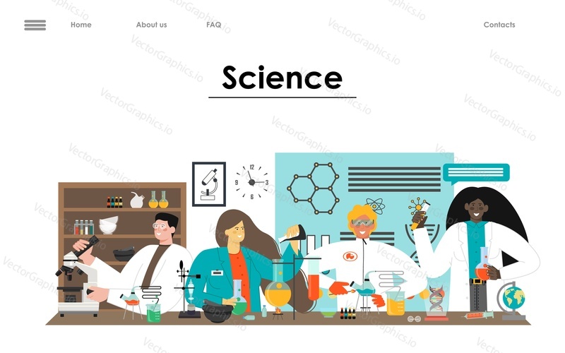 Science laboratory and researcher team vector landing page. Doctor, expert and scientist working at chemical or clinical lab illustration. Website banner design template