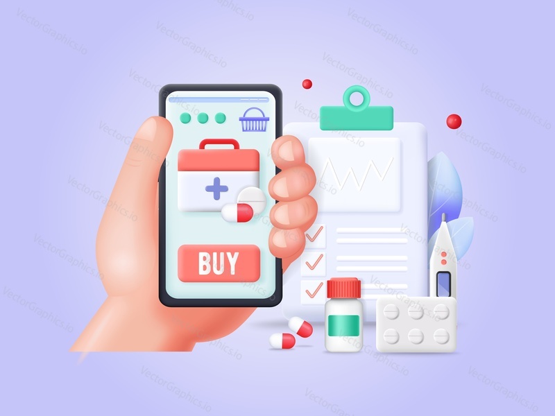 Online phone app for medical help vector illustration. Smartphone application for medicament order and purchase. Emergency telephone in human hand with first aid kit design
