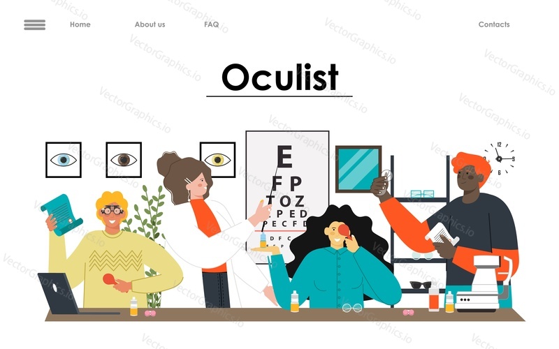 Oculist vector landing page. Eye check up, exam and treatment service website template. Eyesight diagnosis and laser correction. Ophthalmologist team in uniform check vision, doing test illustration