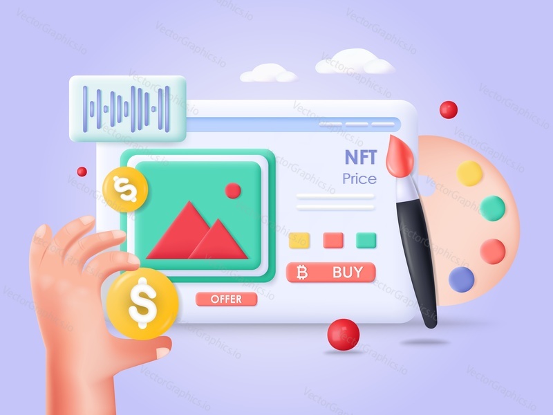 Nft creation illustration. Nonfungible token buying up vector. NFT-pictures purchase, blockchain technology, digital cryptoart concept. Futuristic online auction and trading
