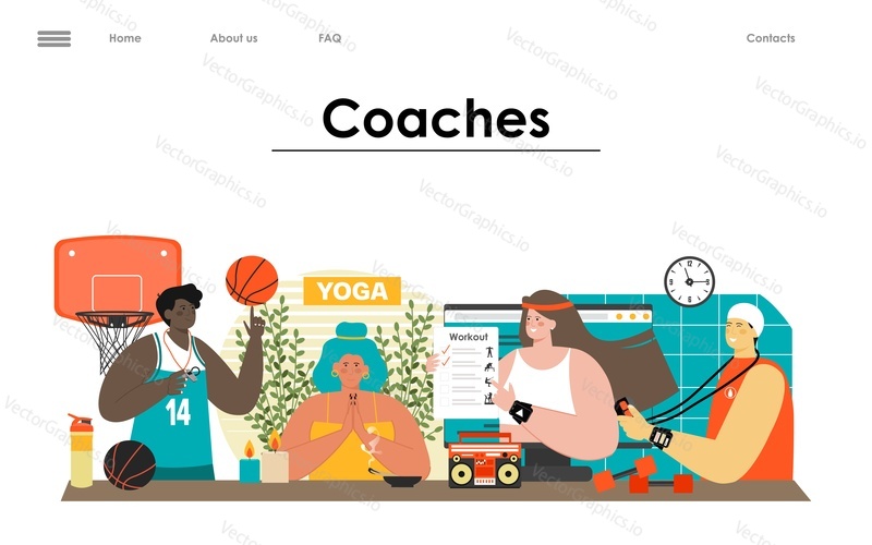 Online workout with professional coaches vector landing page design template illustration. Banner web site layout for fitness and yoga, healthy lifestyle promotion. Sport motivation, mentoring concept