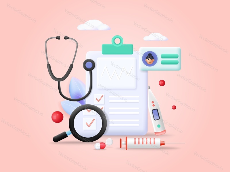 Vector patient medical card or vaccination certificate illustration with stethoscope, loupe and thermometer. Medicine, insurance and healthcare concept