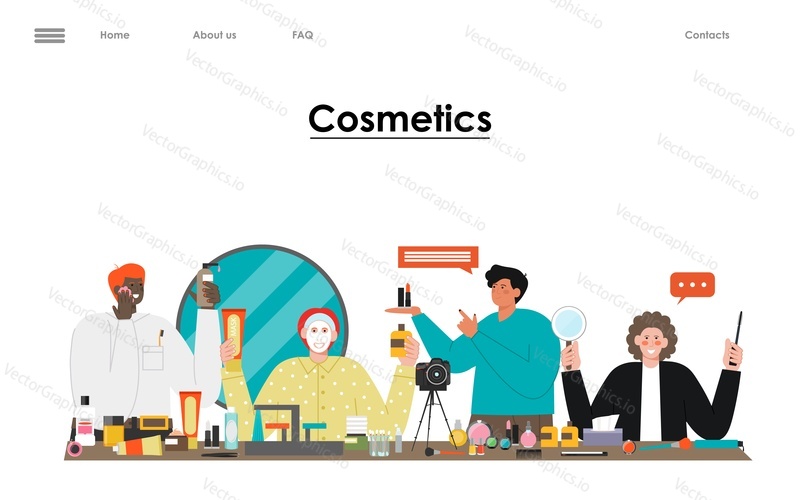 Cosmetics testing website. Vector landing page. Woman and man selling, promoting essential oil, beauty extract illustration. Beautician blogger consultant character offering organic cosmetic product