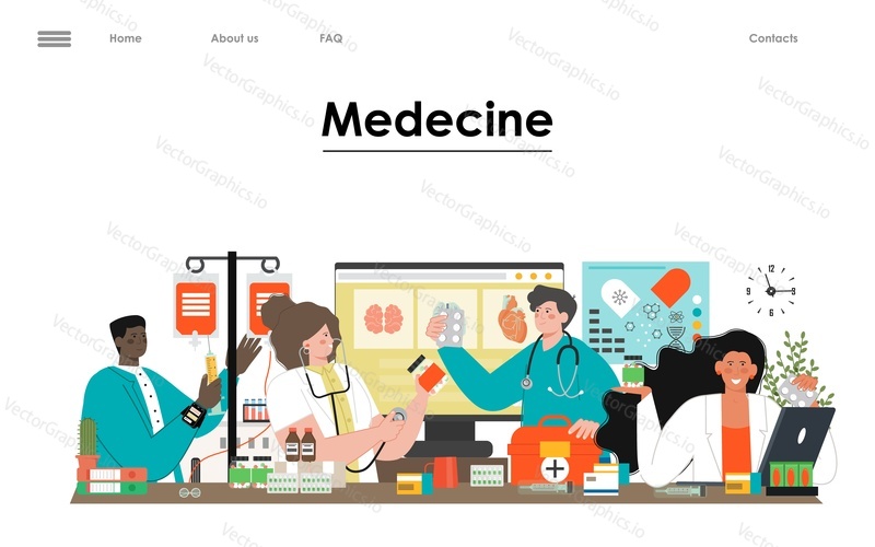 Online medicine service vector landing page design template. Telehealth, telemedicine and healthcare website layout. Doctor and pharmacist providing digital consultation, giving prescription illustration
