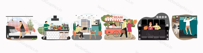 Man daily life vector. Home life, rest and work scene illustration. Morning workout, breakfast, everyday job at remote workplace, day meeting and evening activity, night sleep. Schedule concept