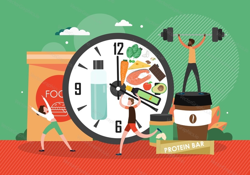 Intermittent fasting vector. Diet food and time-restricted eating health banner. Active sportive people training and nutrition ingestion schedule clock illustration. Healthy eating and weight loss concept