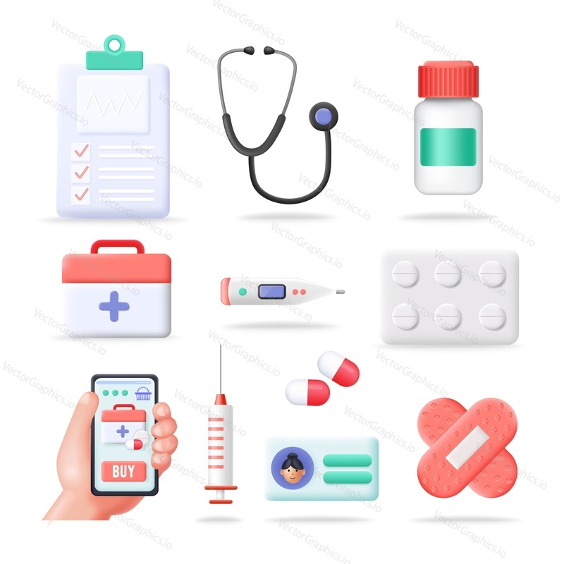 Medicine vector icon. Isolated medical remedy and first aid kit symbol. Bottle of pills and tablet pharmaceutical, syringe, drops, adhesive plaster bandage, mobile phone app, doctor box