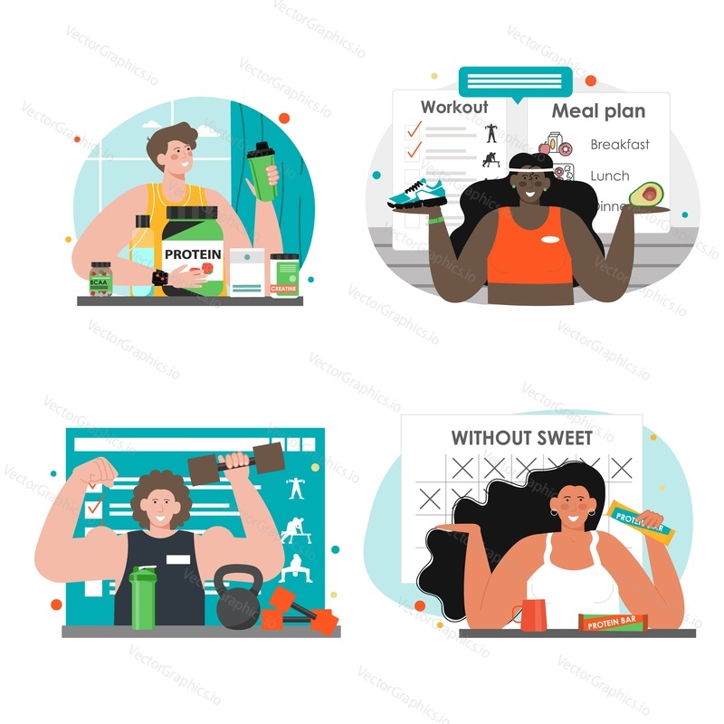 Sport and nutrition vector illustration. Gym exercise, healthy food and diet promotion. People trainer or coach offer workout and menu plan for wellbeing, weight loss and slimming scene set