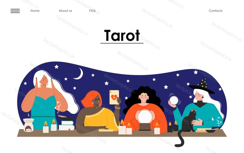 Tarot card online vector illustration. Fortuneteller predicting future. Magic oracle woman character making divination, reading spiritual magical crystal ball and taro service